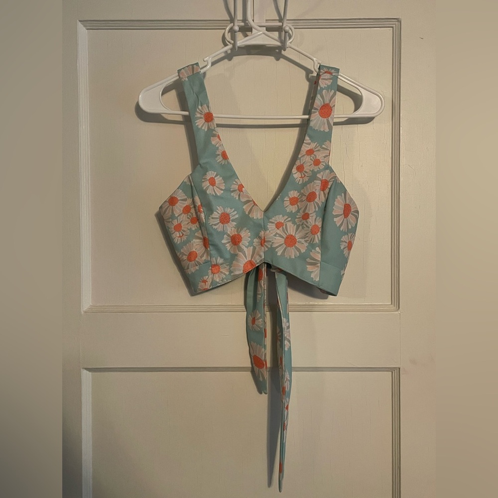 Daisy Print Tie-Back Crop Top - Teal and Orange
